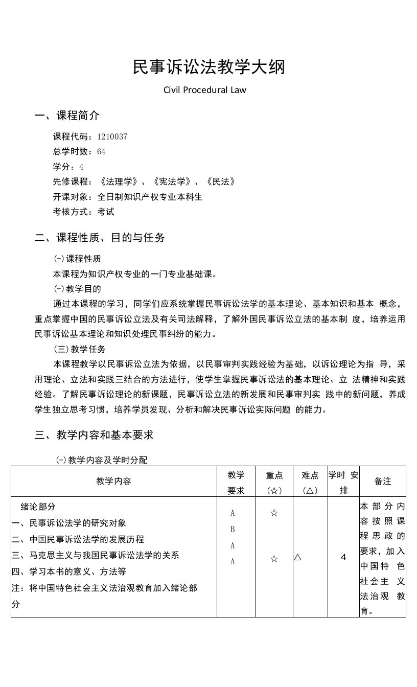 民事诉讼法教学大纲