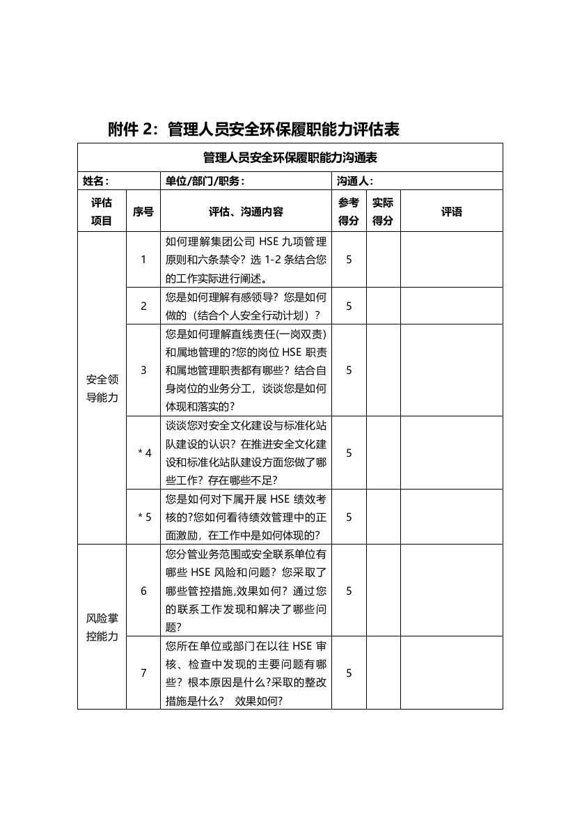 管理人员安全环保履职能力评估表