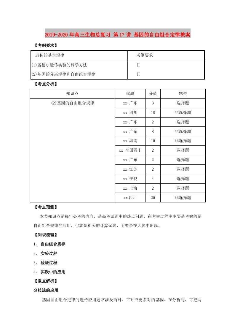 2019-2020年高三生物总复习