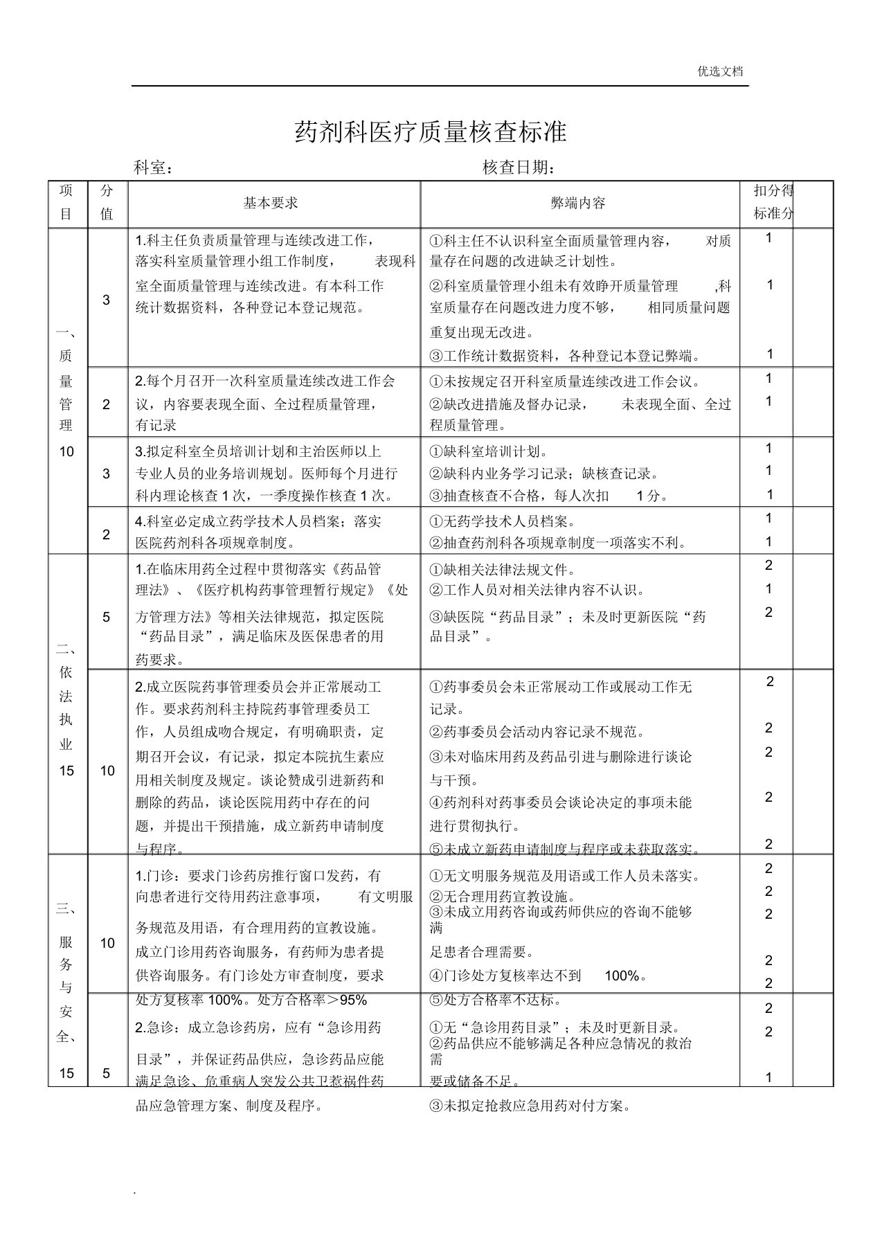 药剂科质量安全管理及持续改进评价标准