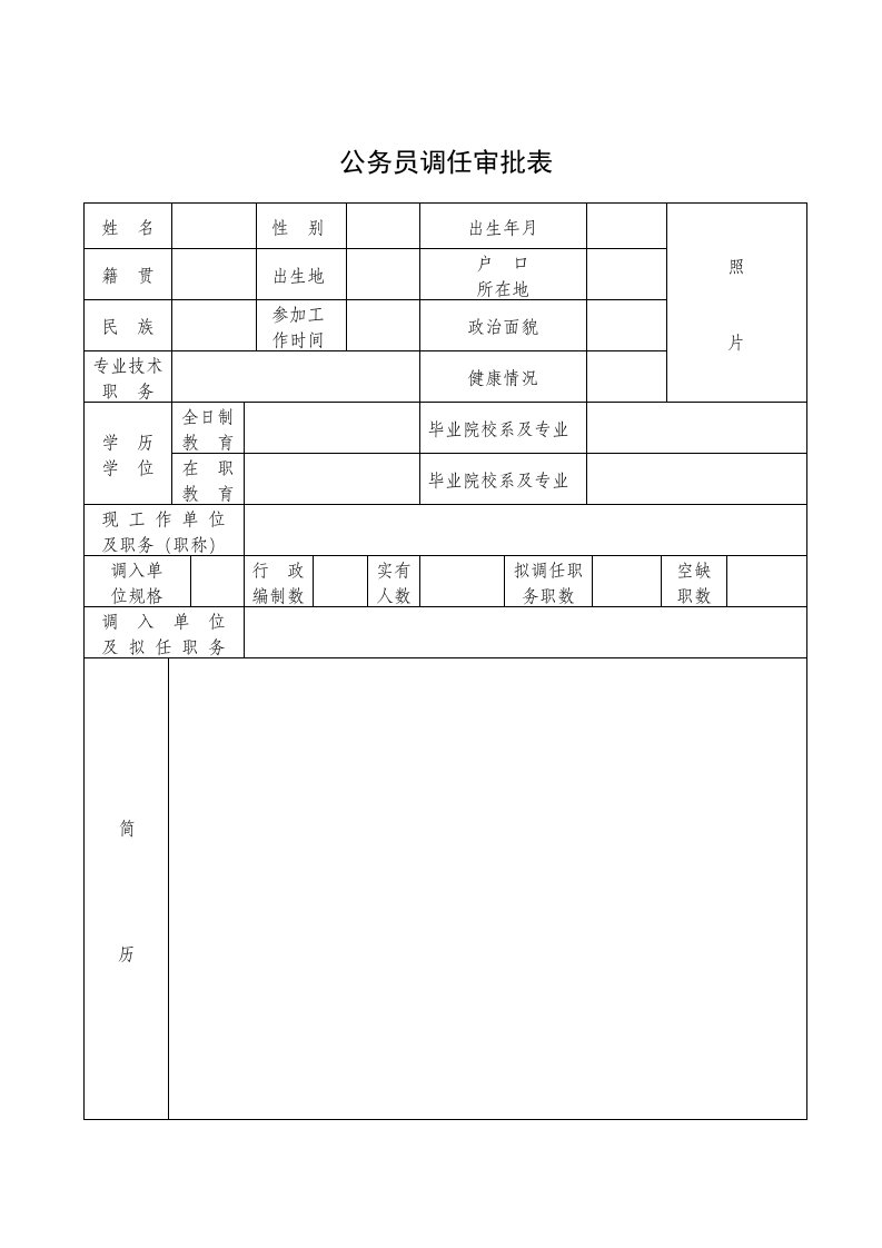 公务员调任审批表