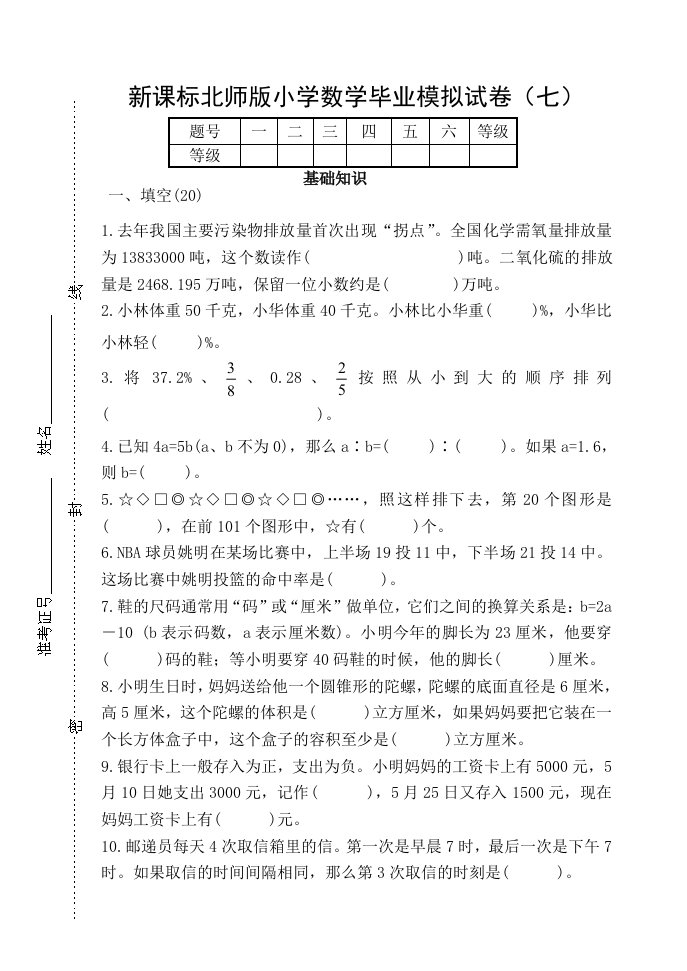 小学数学毕业模拟试卷(1)