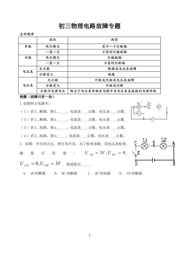 (word完整版)初三物理电路故障专题