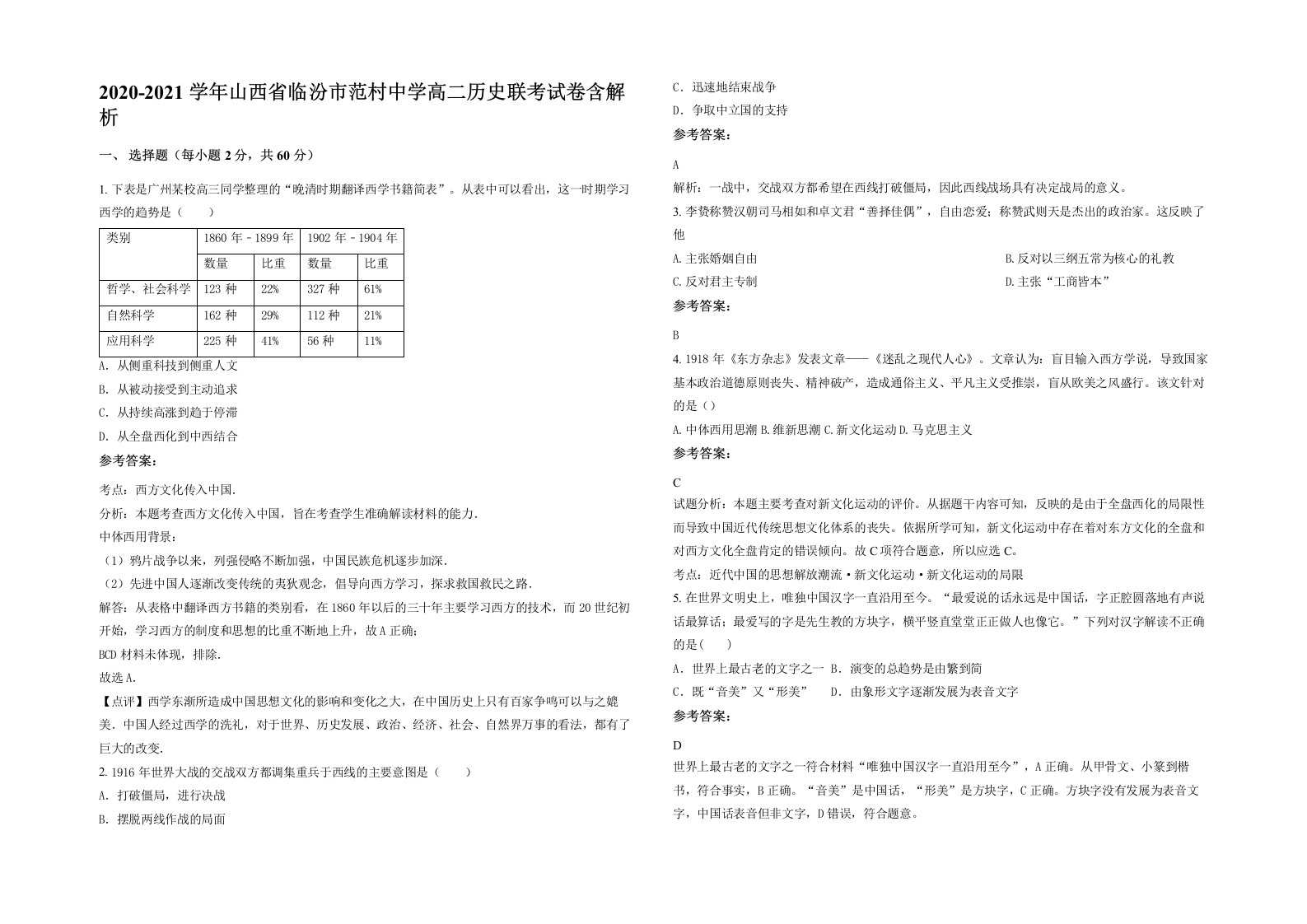 2020-2021学年山西省临汾市范村中学高二历史联考试卷含解析