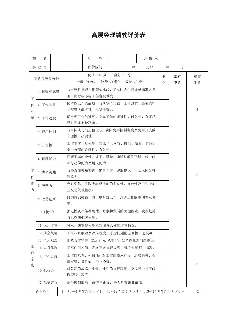 精选生产制造型企业高层经理绩效评价表