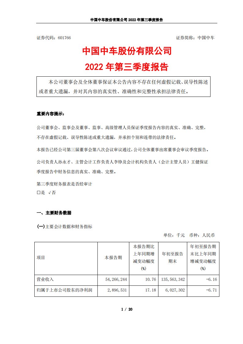 上交所-中国中车2022年第三季度报告-20221028