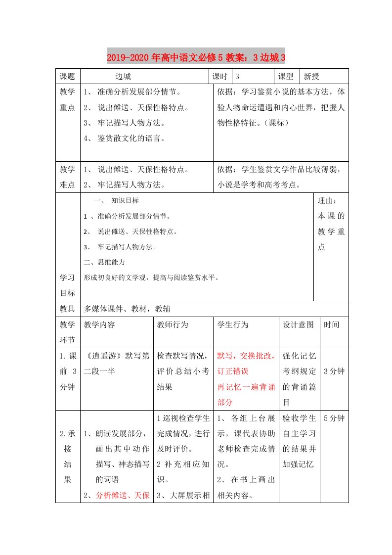 2019-2020年高中语文必修5教案：3边城3