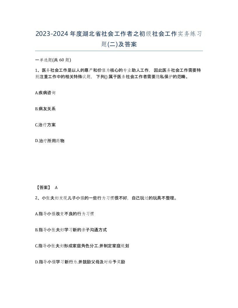 2023-2024年度湖北省社会工作者之初级社会工作实务练习题二及答案