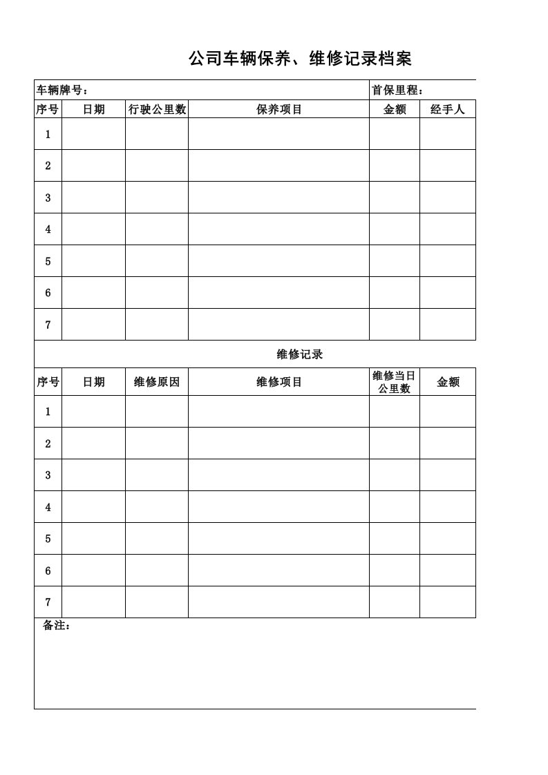 公司车辆保养、维修记录档案