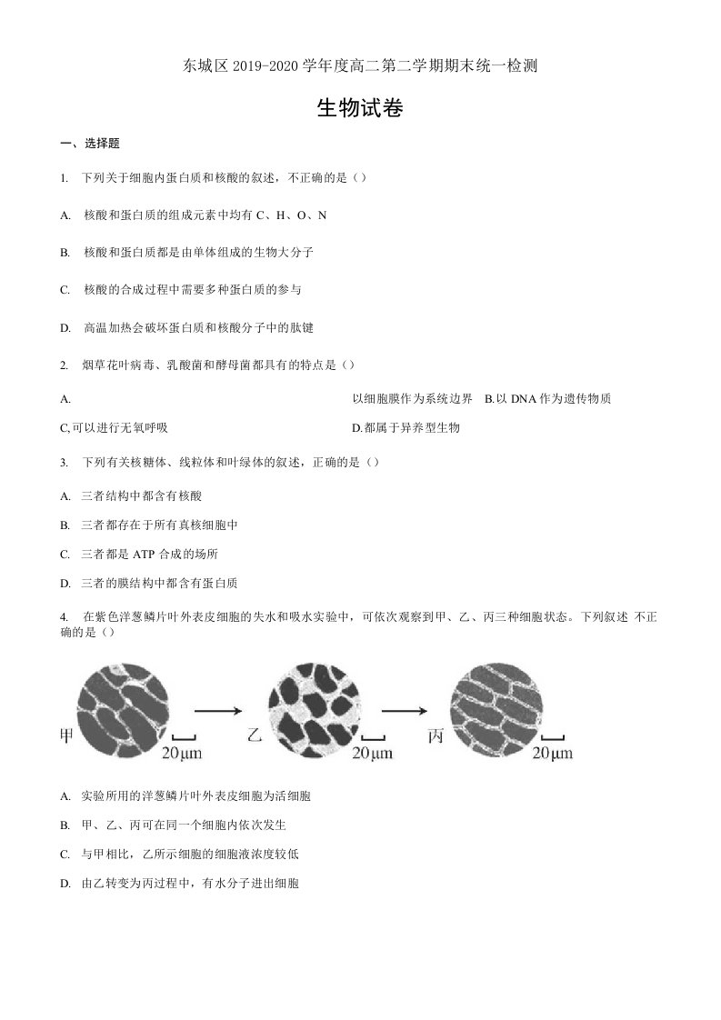 北京市东城区2019-2020学年高二下学期期末统一检测生物试题（原卷版）