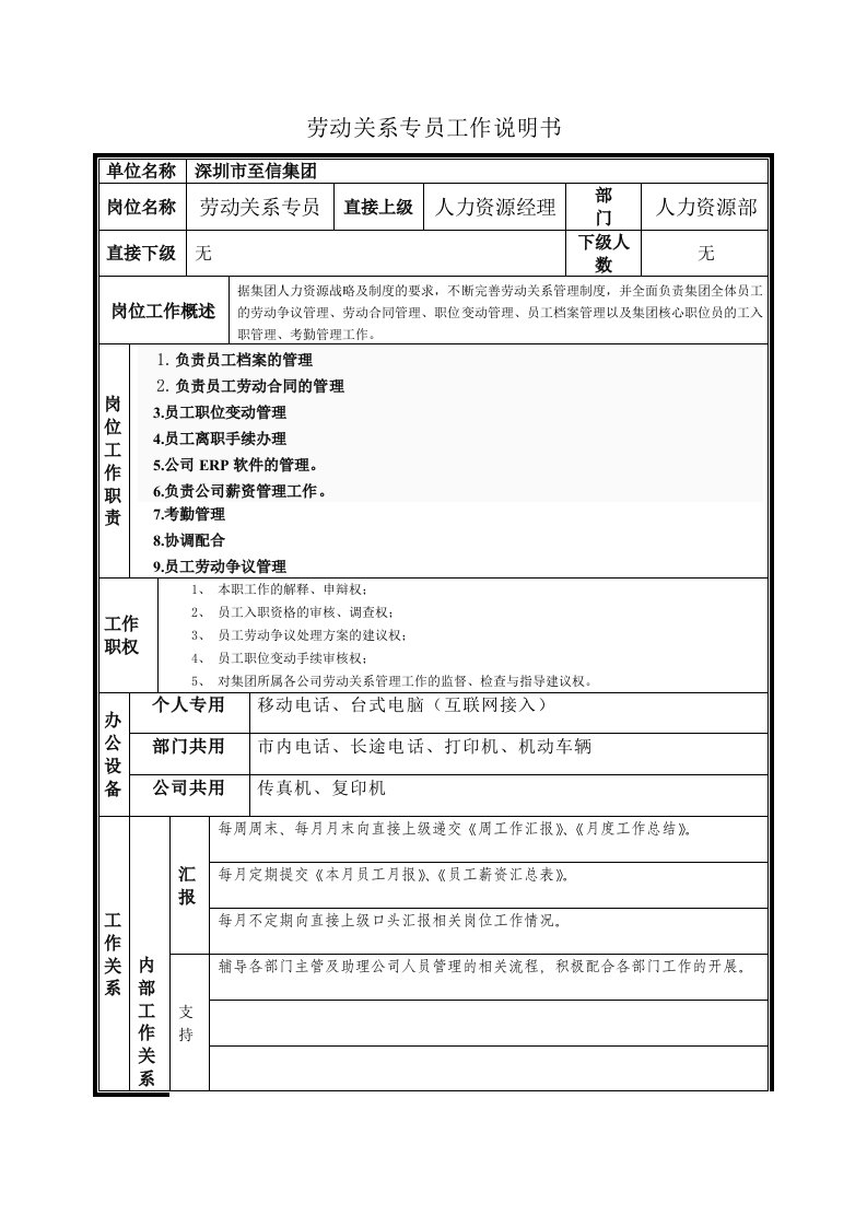 劳动关系专员工作说明书