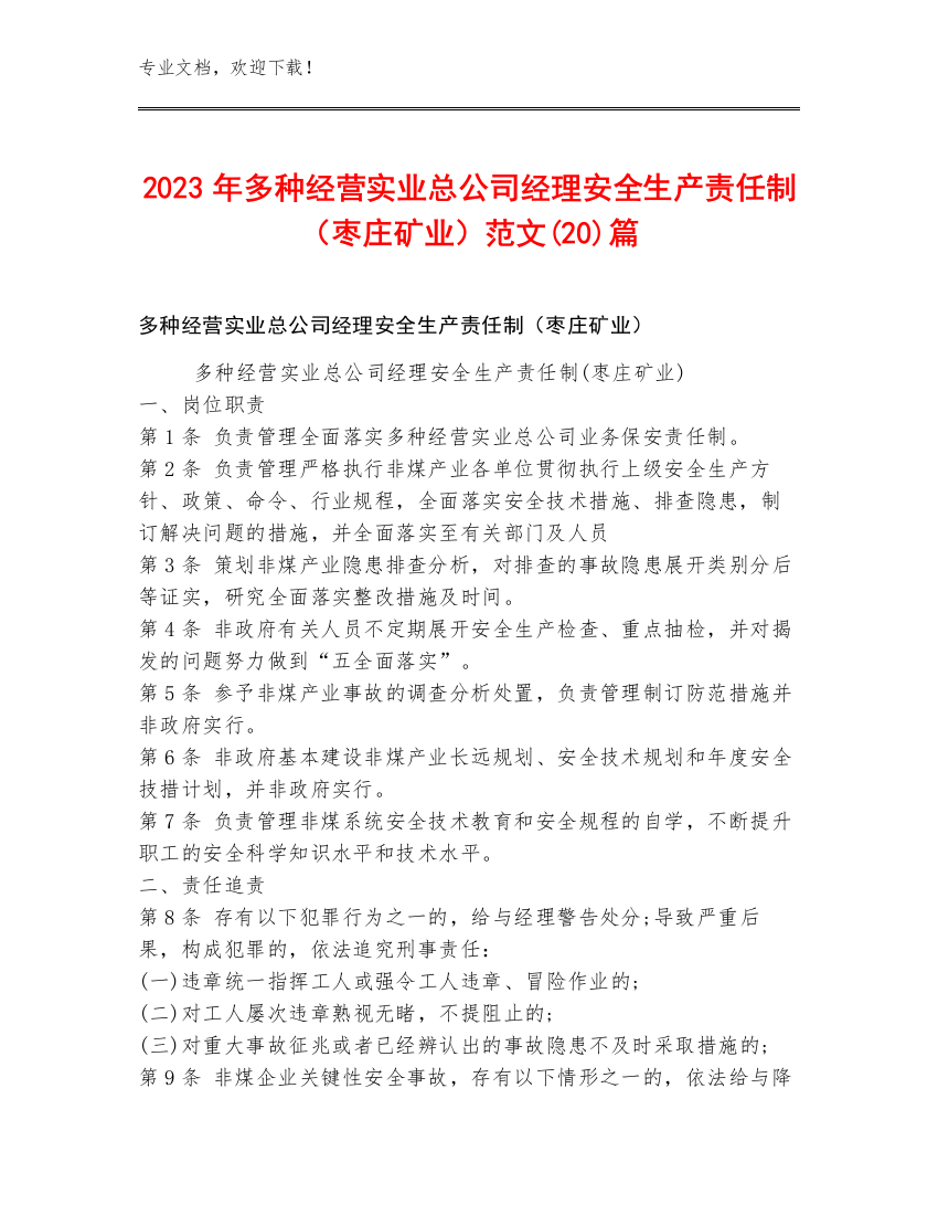 2023年多种经营实业总公司经理安全生产责任制（枣庄矿业）范文(20)篇