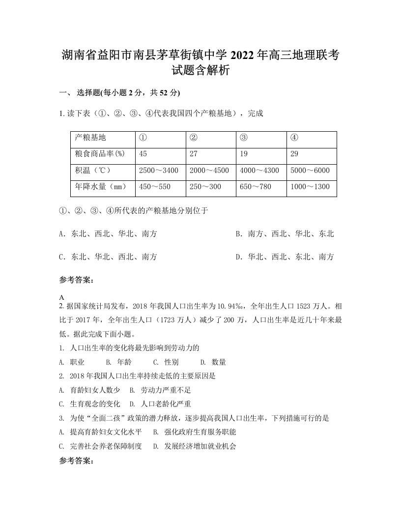 湖南省益阳市南县茅草街镇中学2022年高三地理联考试题含解析