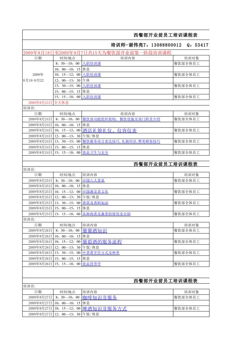 餐饮部-西餐部分开业前培训课程表