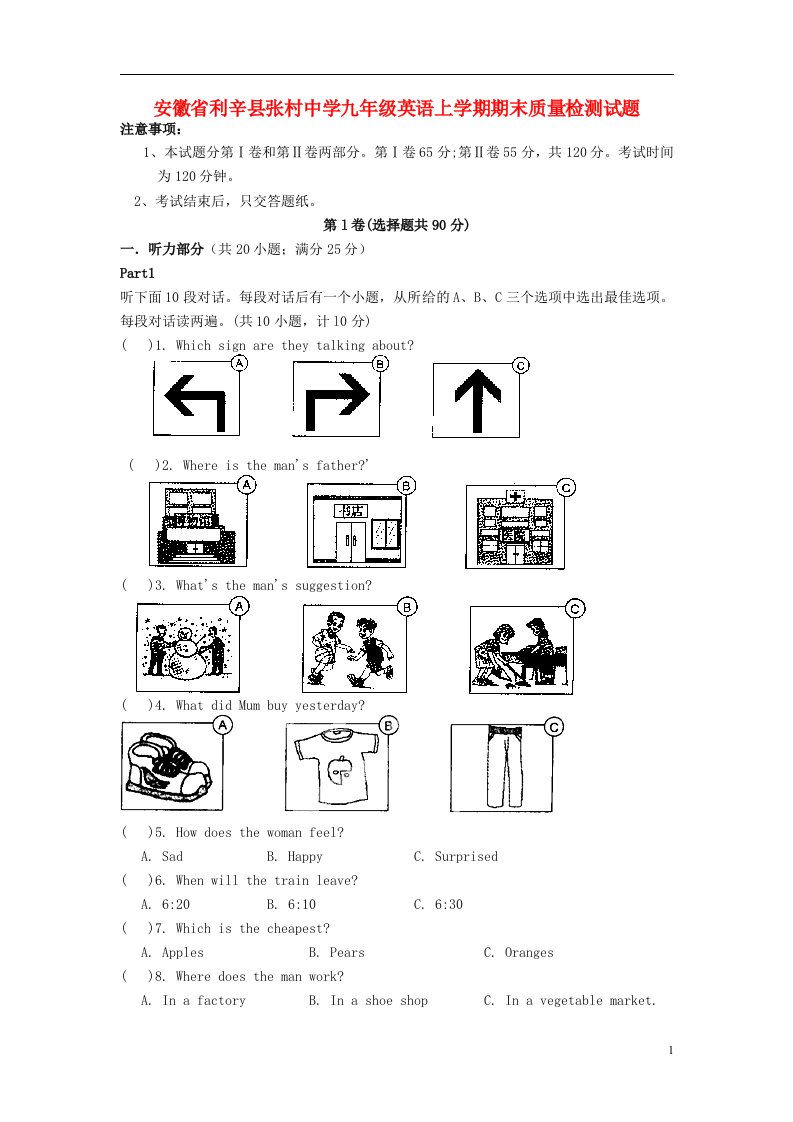 安徽省利辛县张村中学九级英语上学期期末质量检测试题