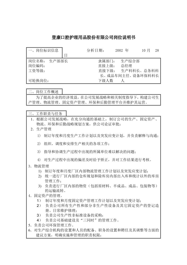 登康口腔护理用品有限公司岗位说明书大全76