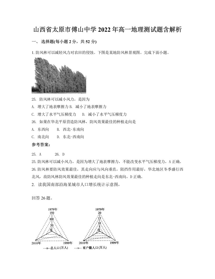 山西省太原市傅山中学2022年高一地理测试题含解析