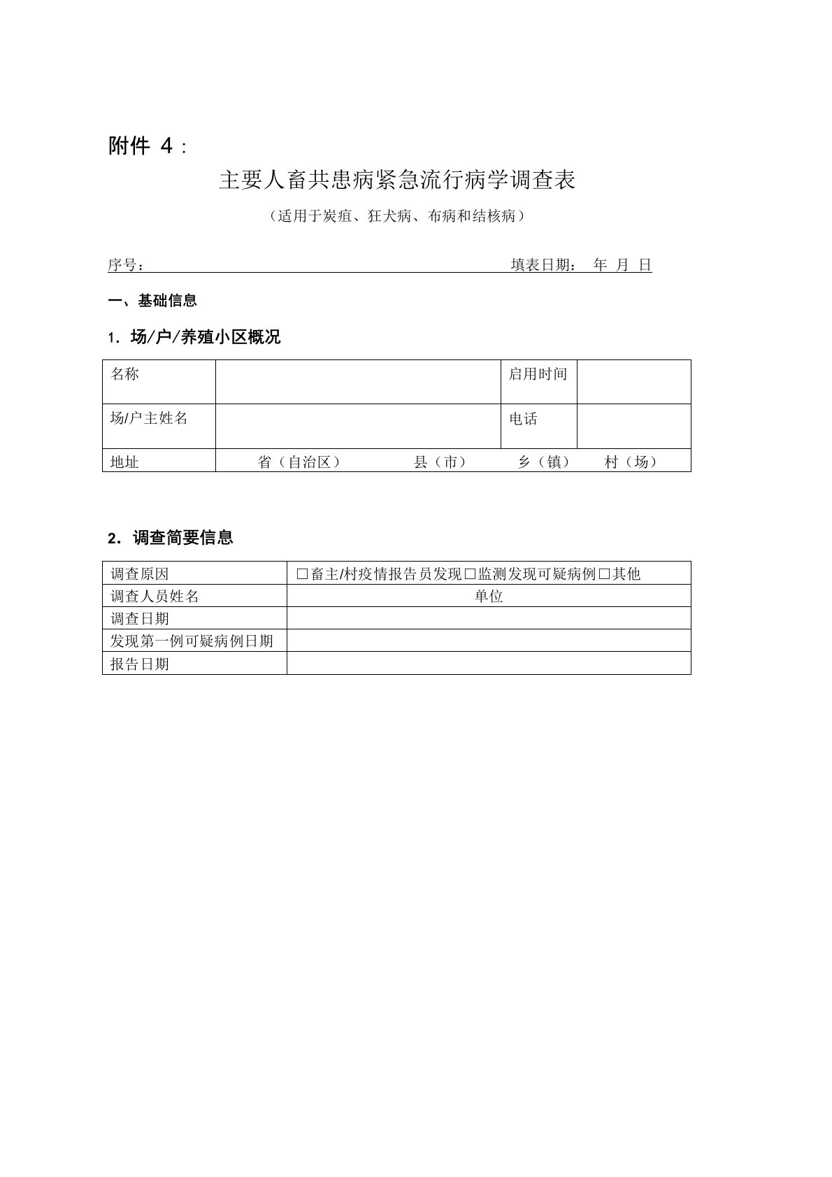 主要人畜共患病紧急流行病学调查表