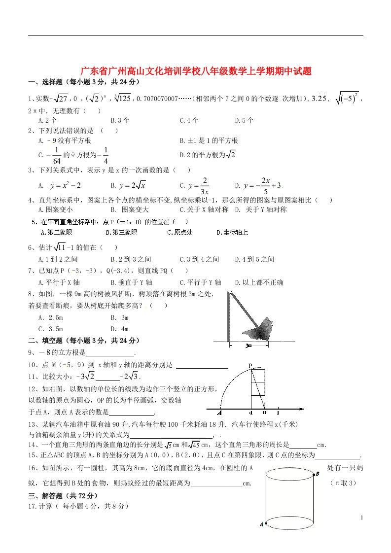 广东省广州高山文化培训学校八级数学上学期期中试题（无答案）