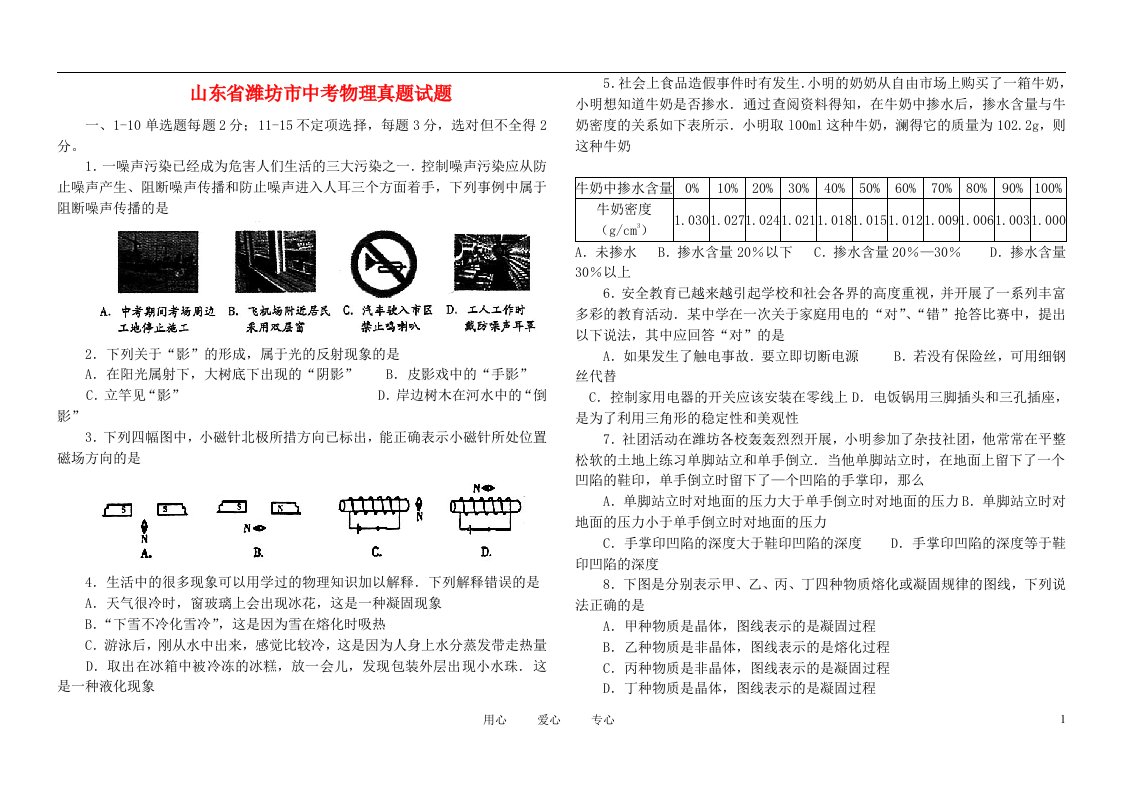 山东省潍坊市中考物理真题试题