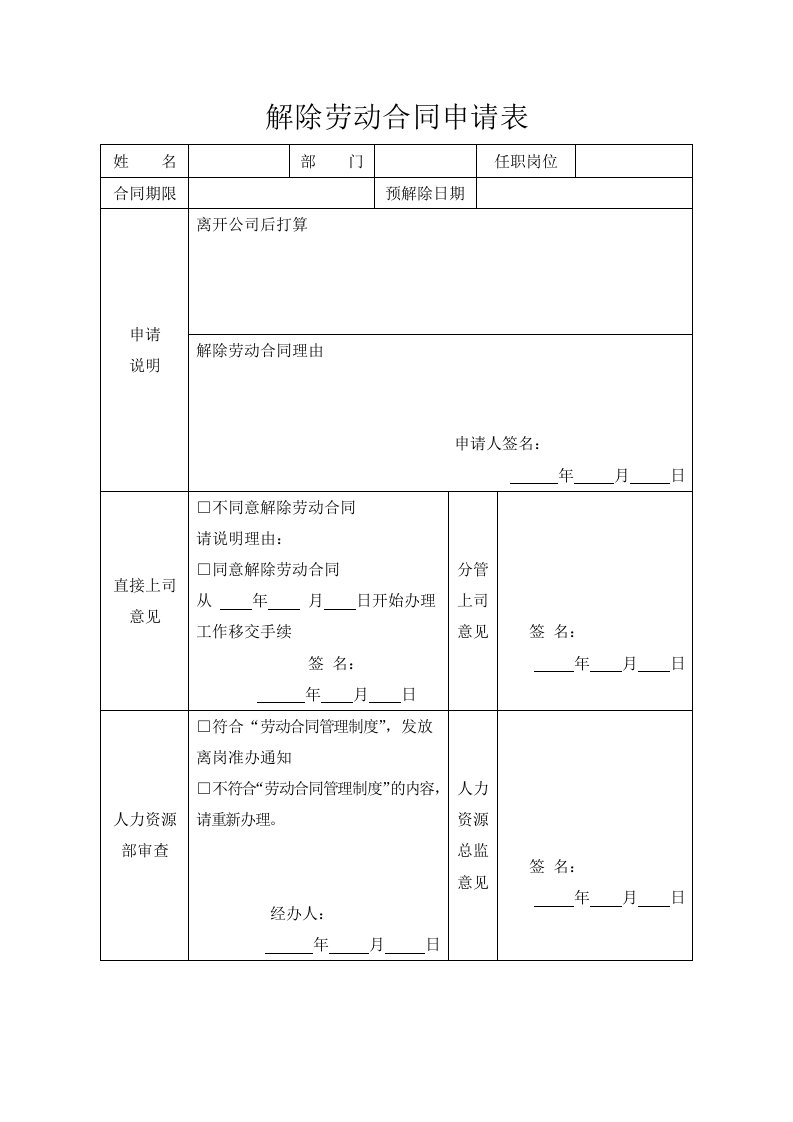 解除劳动合同申请表