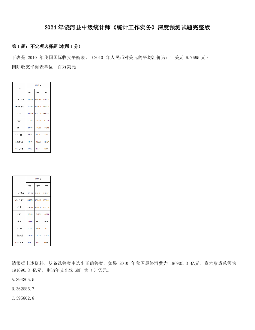 2024年饶河县中级统计师《统计工作实务》深度预测试题完整版