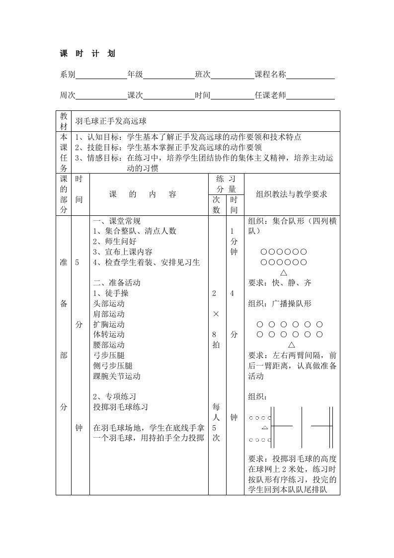 羽毛球正手发高远球教案