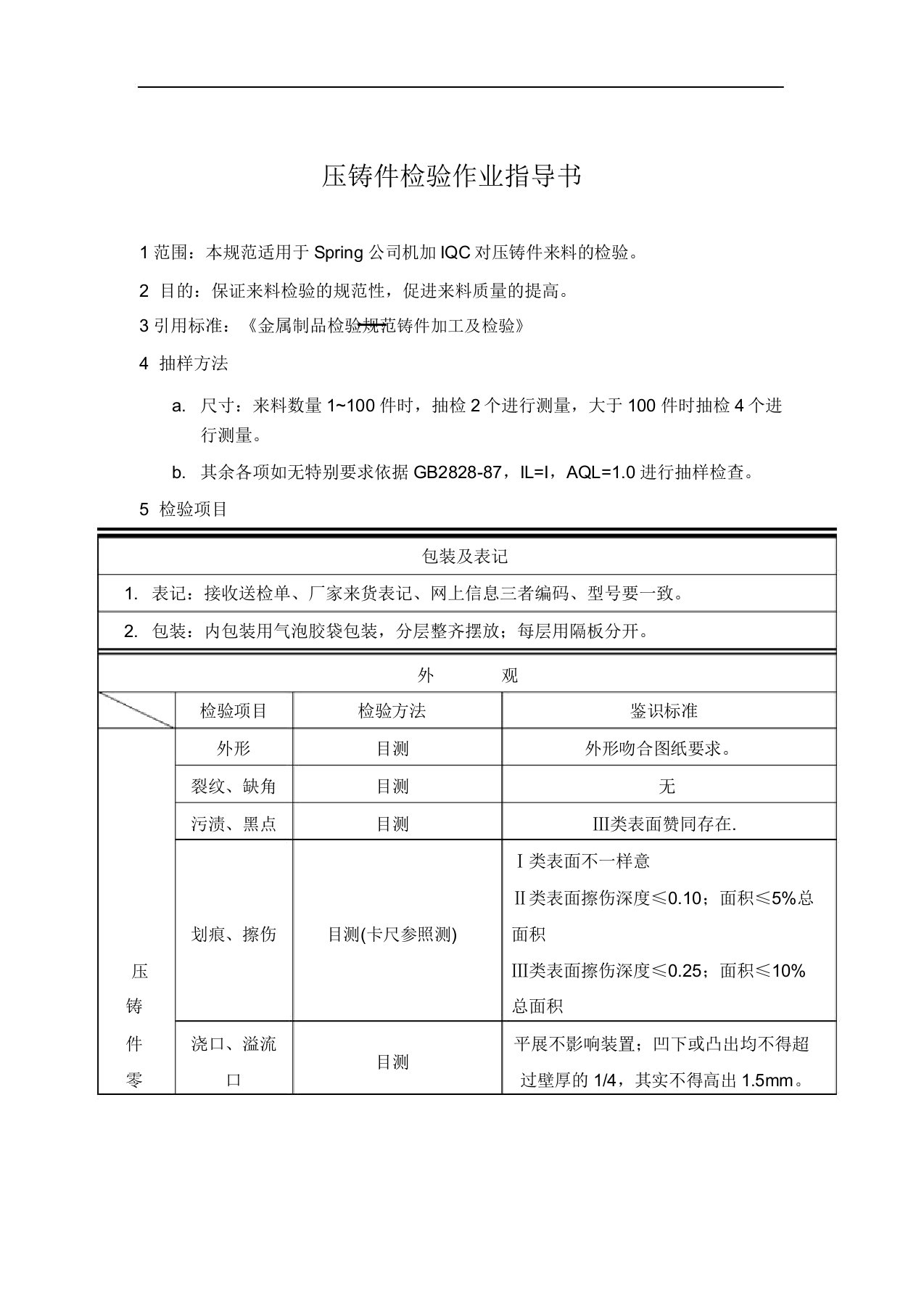 压铸件检验作业指导书