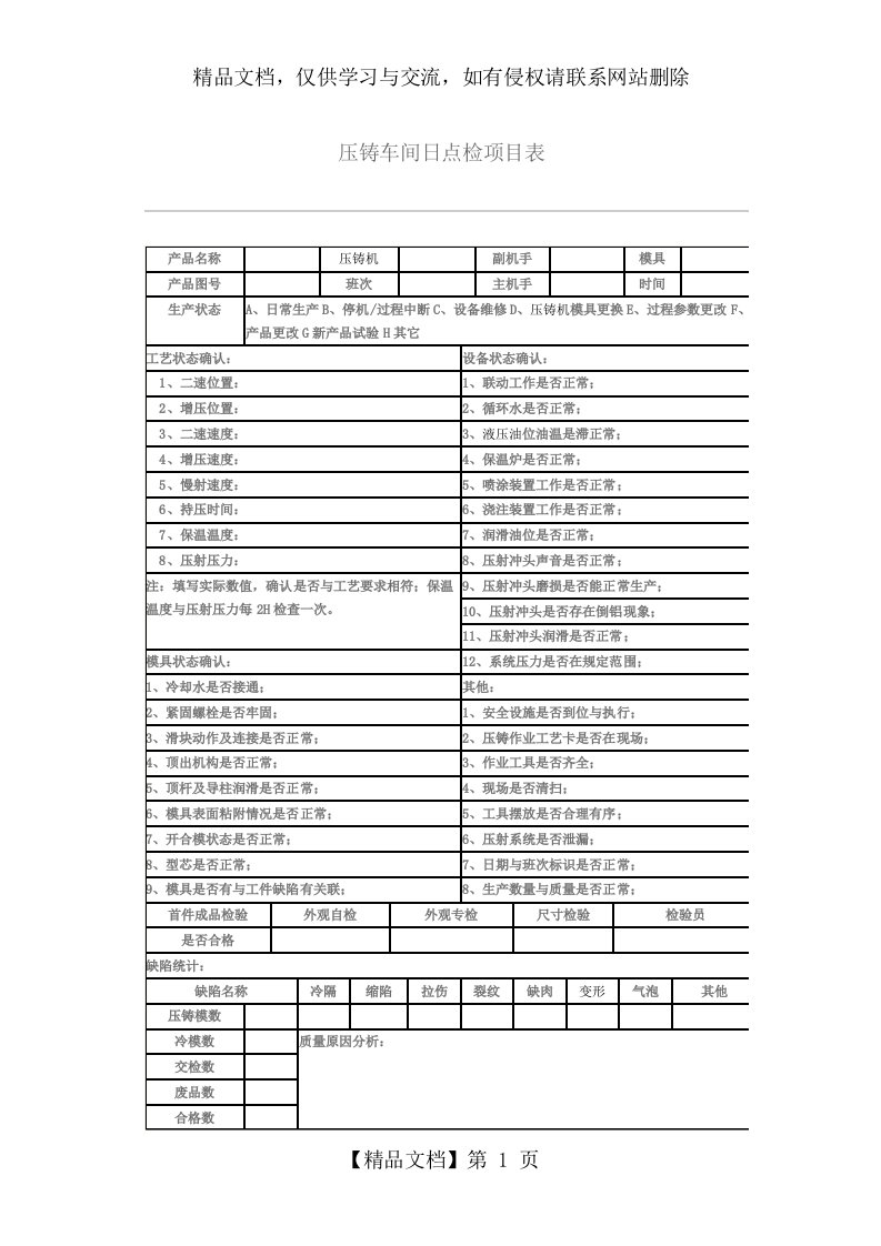 压铸机点检表