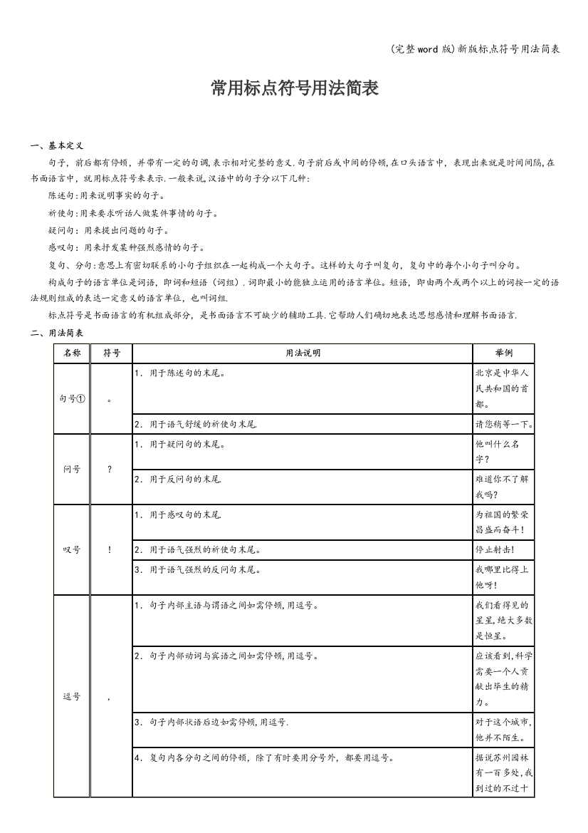 新版标点符号用法简表