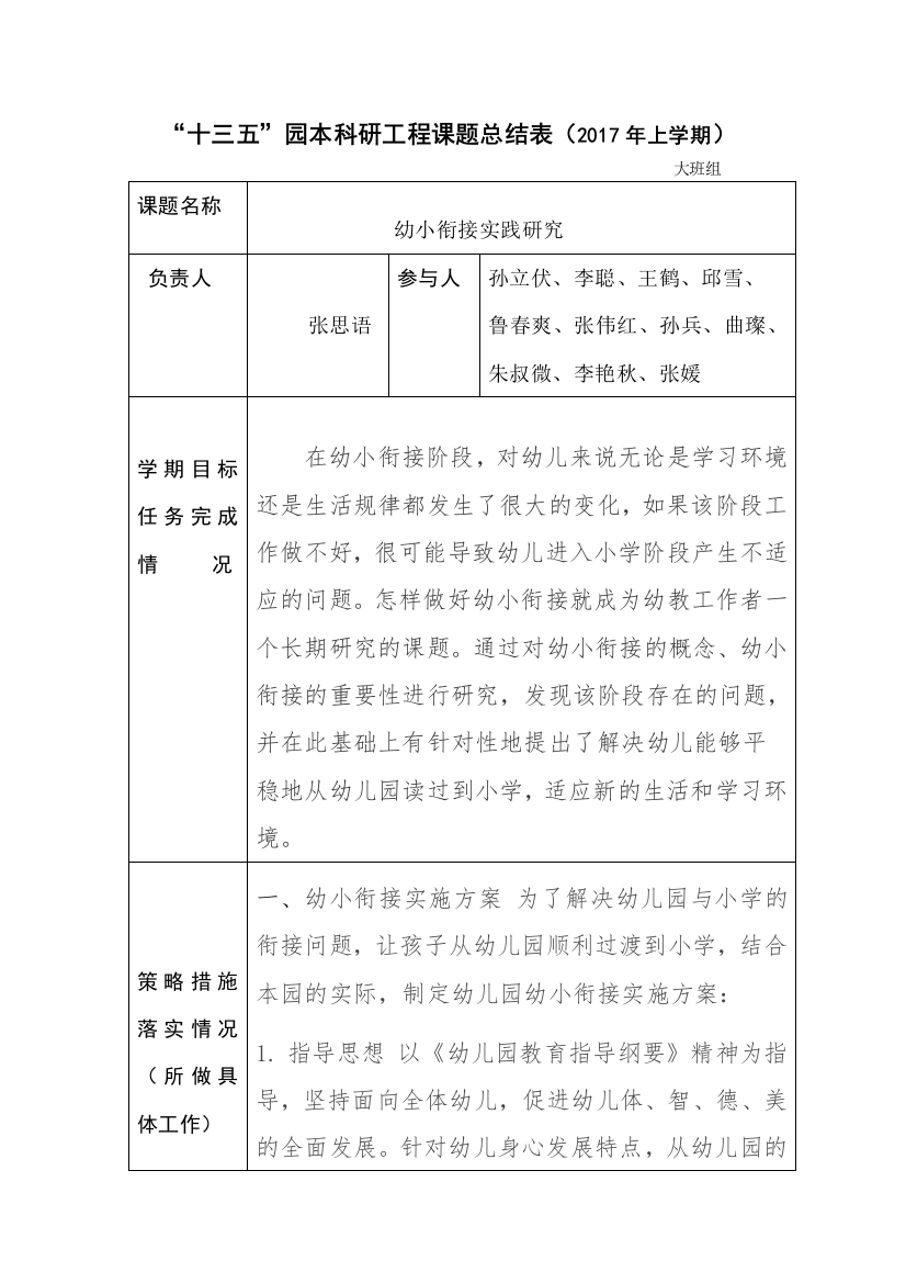 大班组2017上半年校本科研工程课题总结表