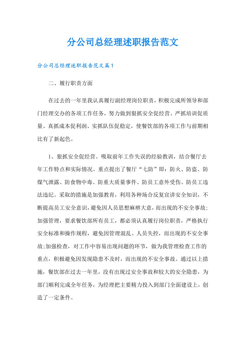 分公司总经理述职报告范文