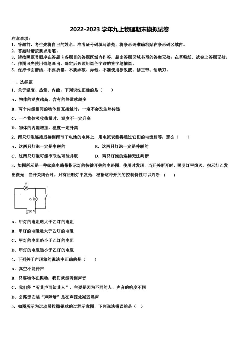 2022年陕西省宝鸡凤翔县联考物理九年级第一学期期末教学质量检测模拟试题含解析