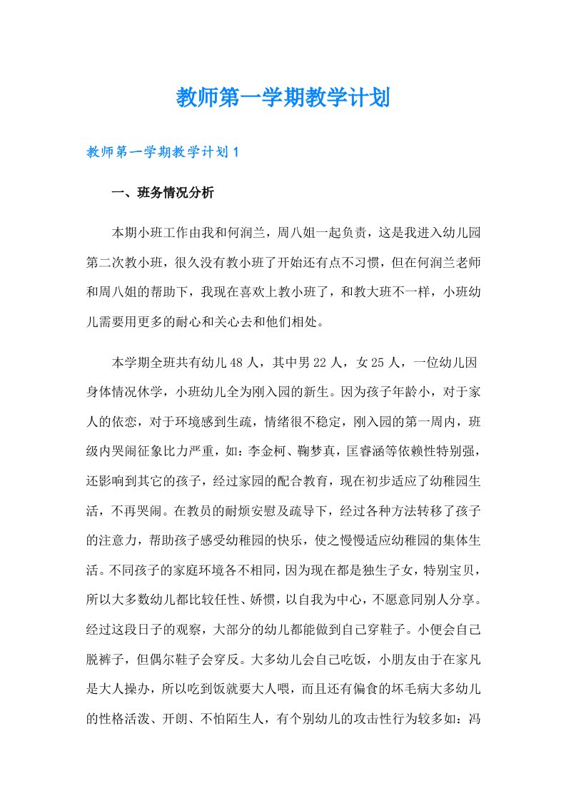 教师第一学期教学计划