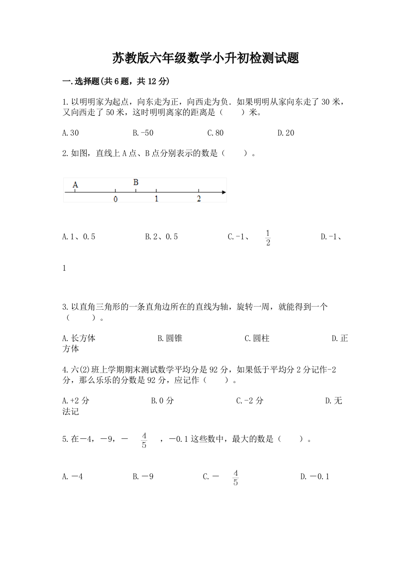 苏教版六年级数学小升初检测试题精选答案