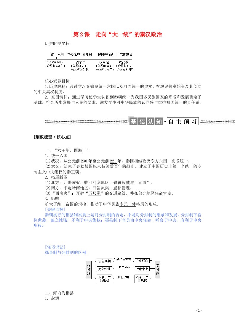 2021_2022学年高中历史专题一古代中国的政治制度1.2走向“大一统”的秦汉政治学案含解析人民版必修1