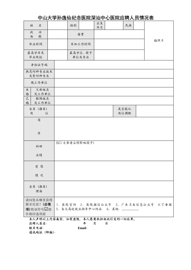 中山大学孙逸仙纪念医院深汕中心医院应聘人员情况表