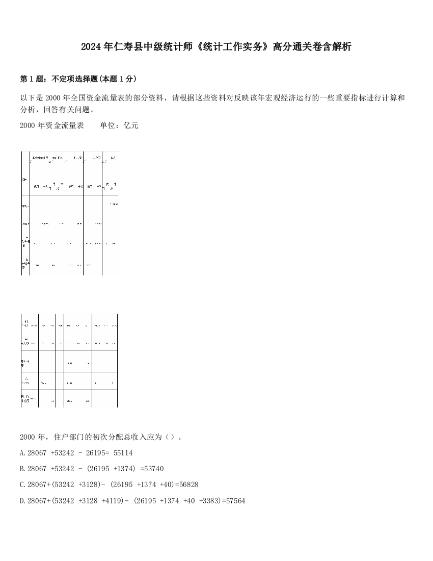 2024年仁寿县中级统计师《统计工作实务》高分通关卷含解析