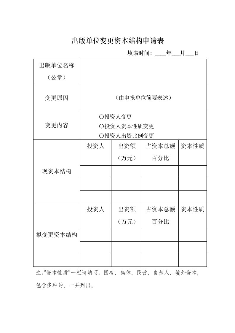 出版单位变更资本结构申请表