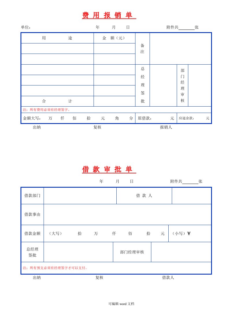 费用报销单电子版(适用小规模,一般纳税人)