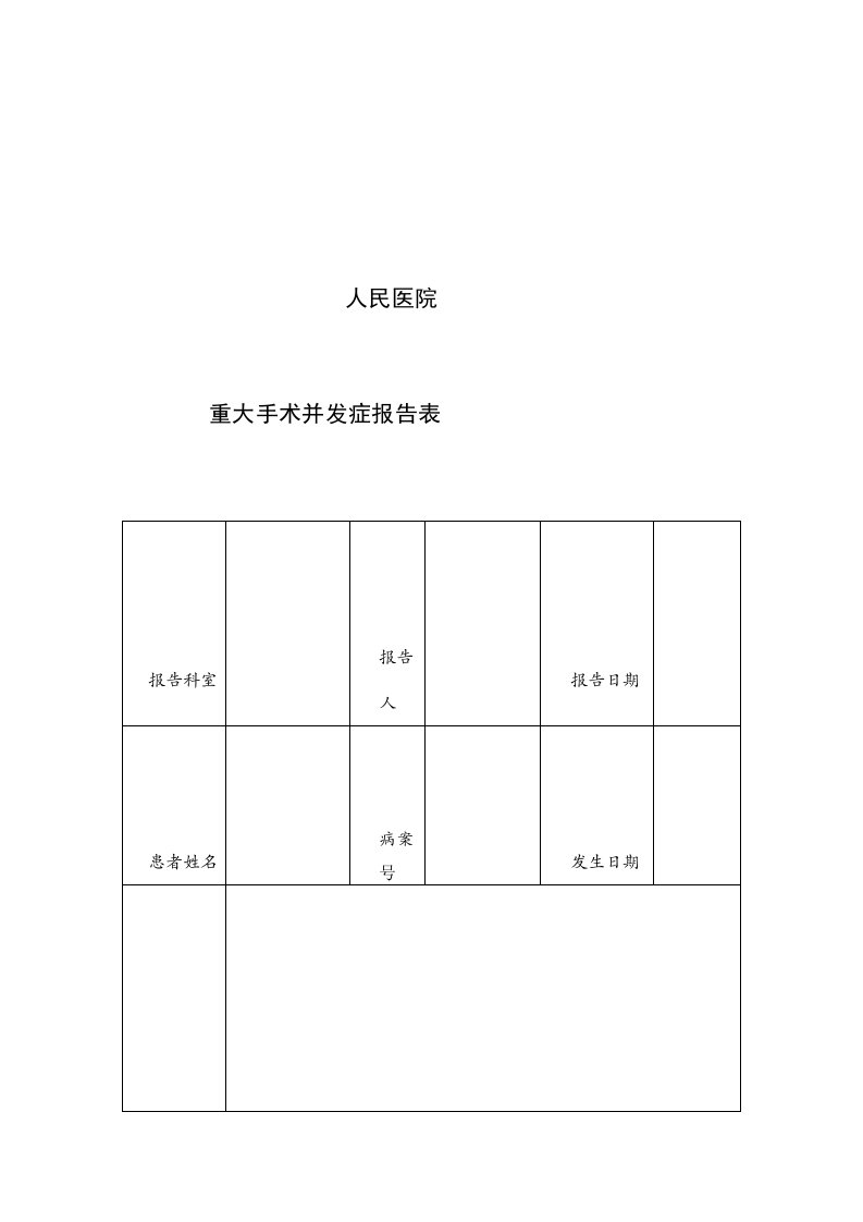 重大手术并发症报告表