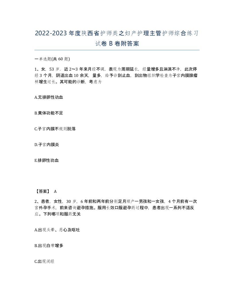 2022-2023年度陕西省护师类之妇产护理主管护师综合练习试卷B卷附答案