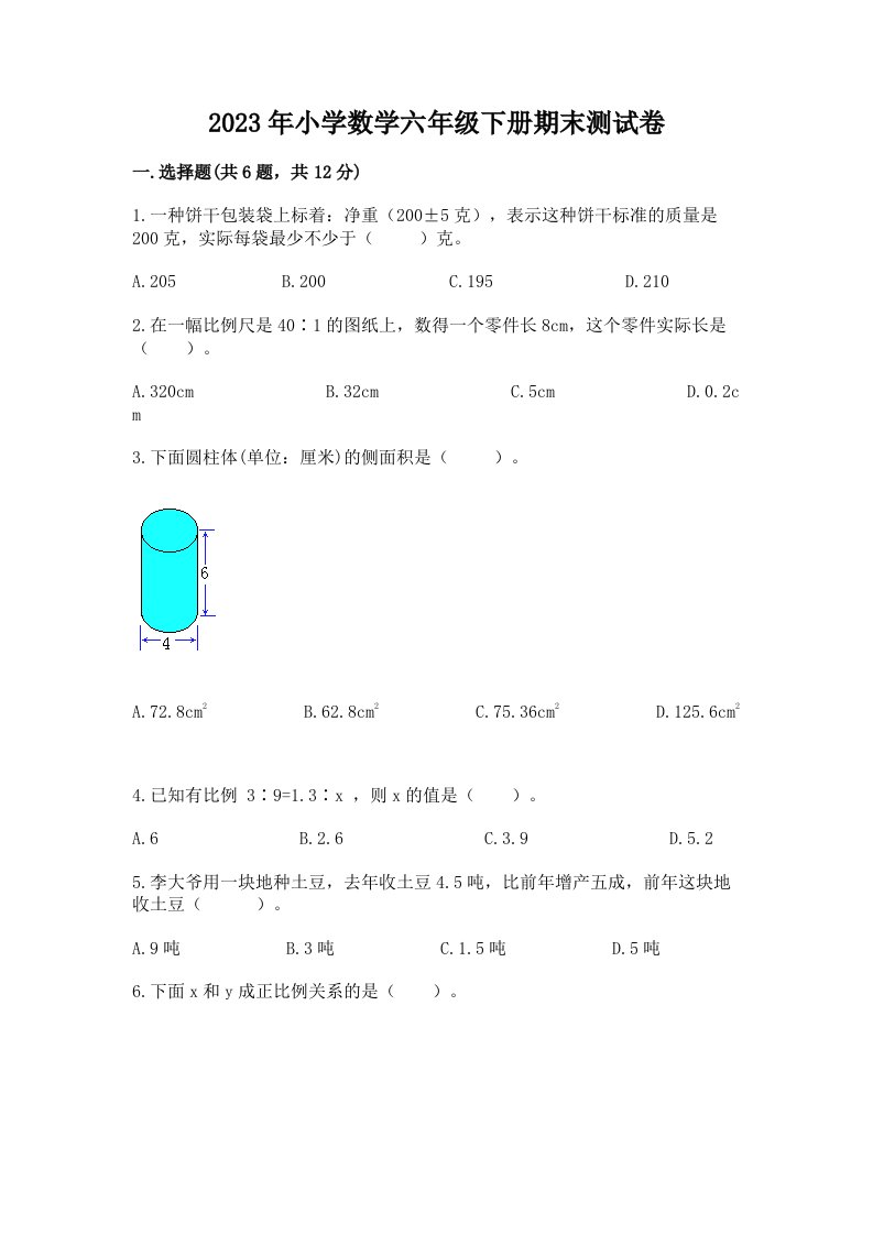 2023年小学数学六年级下册期末测试卷精品及答案