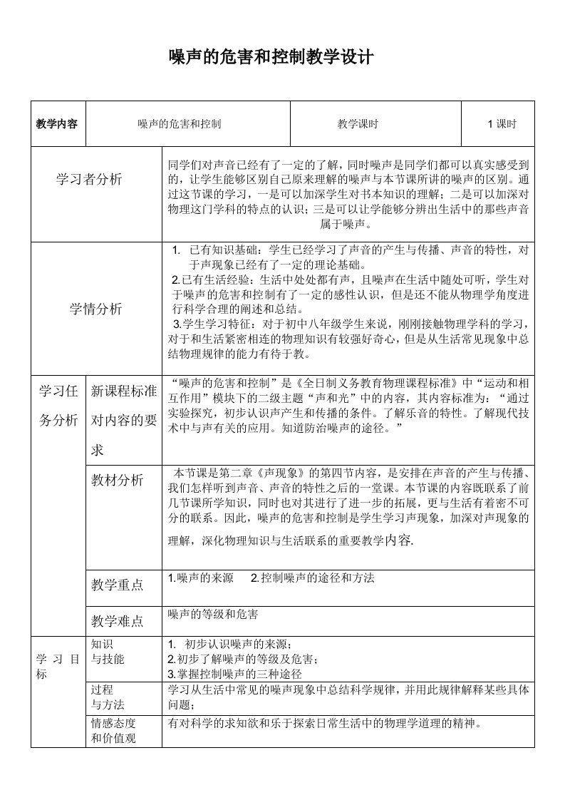 噪声的危害和控制教学设计