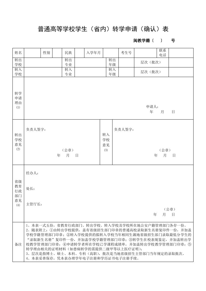 普通高等学校学生（省内）转学申请（确认）表