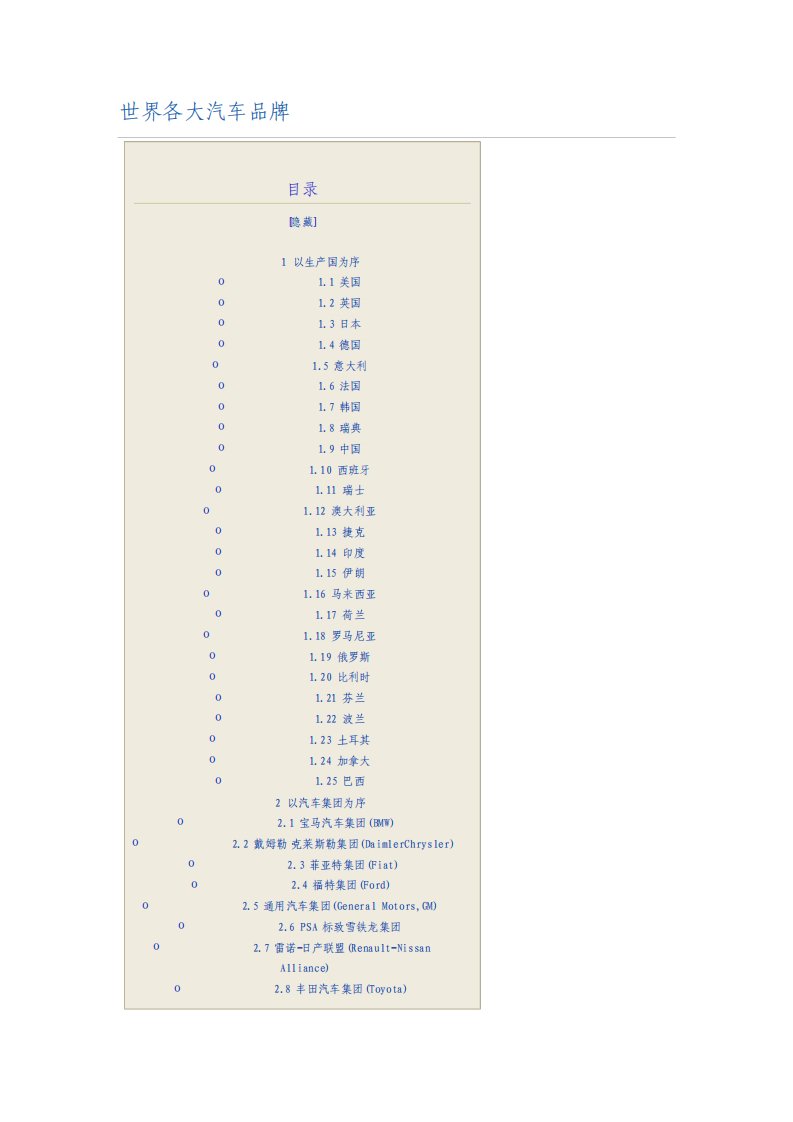 世界各大汽车品牌列表非常详细