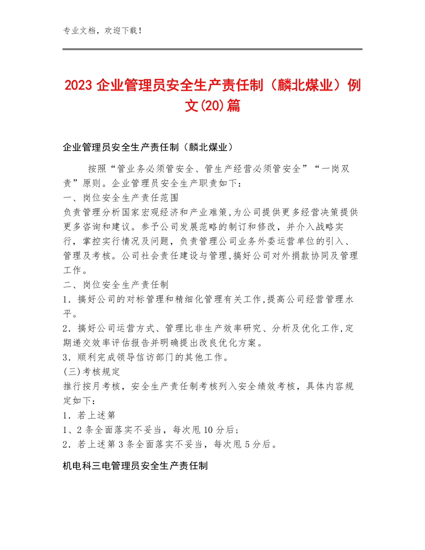 2023企业管理员安全生产责任制（麟北煤业）例文(20)篇