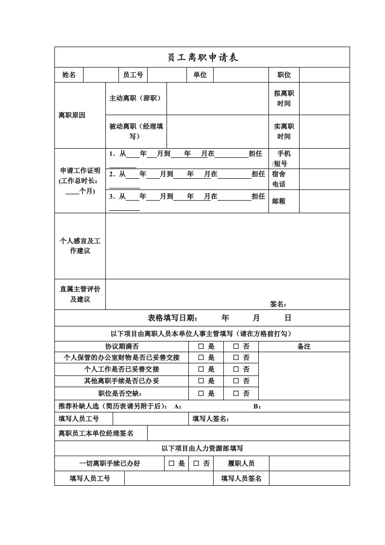 员工离职申请表(模板)