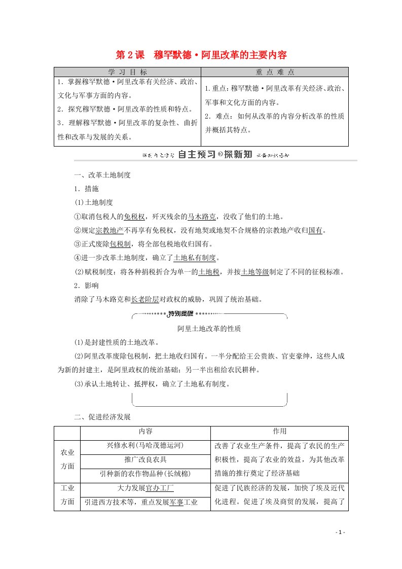 2020_2021学年高中历史第6单元穆罕默德阿里改革第2课穆罕默德阿里改革的主要内容教师用书教案新人教版选修1