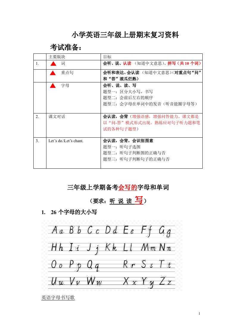 人教版小学英语三年级上册期末复习资料【整理版】